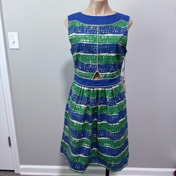 Dear Creatures Phoebe A Line Retro Blue Green Dress Medium Stripe Cut Out - Picture 2 of 9